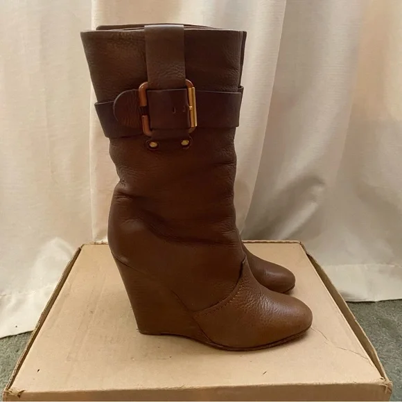 Chloe Prince Paddington Leather Wedge Calf Boots 39 8 8.5 Shoes Brown - Picture 2 of 9